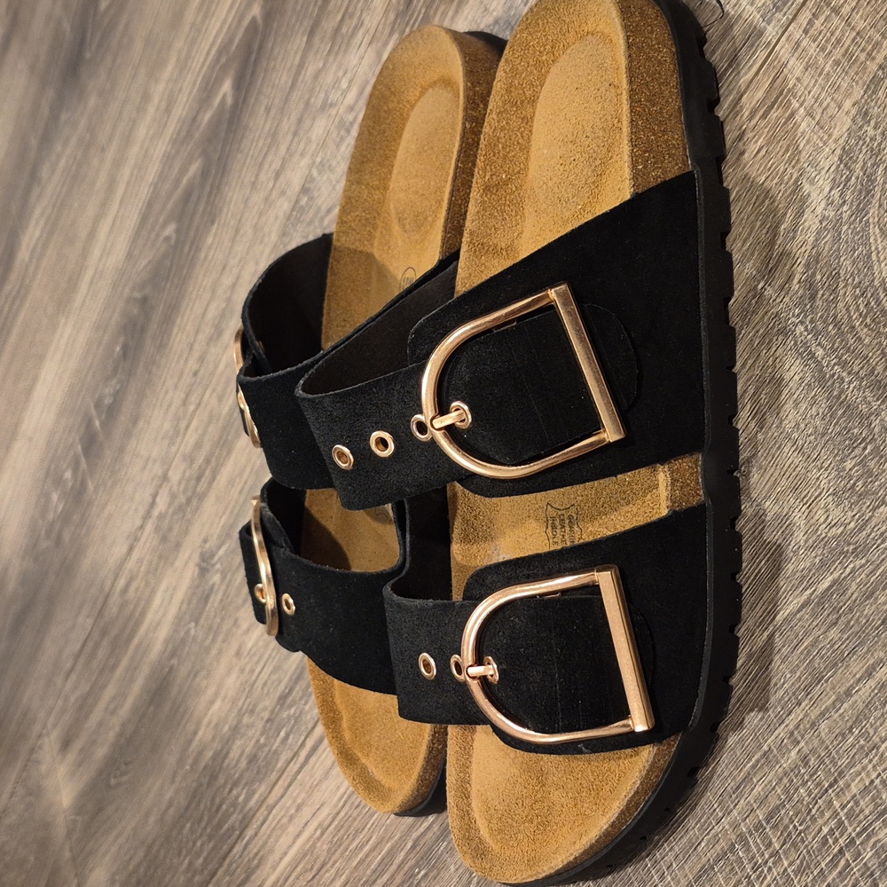 Women Black Sandals with Gold Buckles - Picture 3 of 5